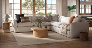 Modern farmhouse style living room featuring the Leigh 126" Modular Corner Sectional in Silver Ivory