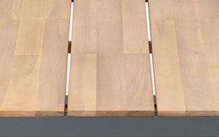 Close view of acacia slats on Kezia 31.5" Outdoor Coffee Table in Flat Gray