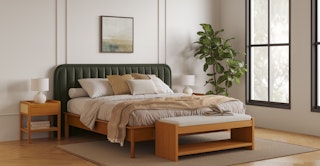 A sleek, warm modern-farmhouse bedroom featuring The Rural Chic curated design