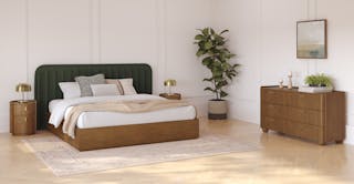A sleek, warm modern-farmhouse bedroom featuring The Rural Chic curated design