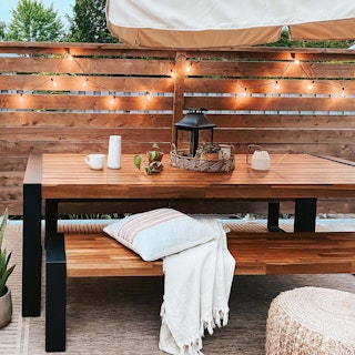 Lubek 94.5" Outdoor Dining Set in Tuscan Brown finish, shot by @thefarmhousedream