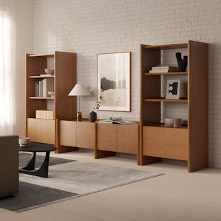 Torme Media Storage Set in Smoked Oak, styled in an airy living room