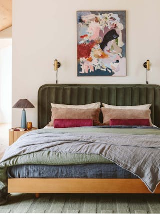 Rolph Headboard and Basi Bed featured in a colourful bedroom, Credit Em Henderson