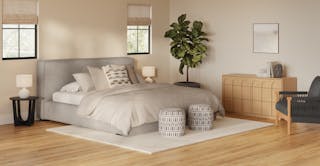 A bright airy japandi themed bedroom showing The Light Touch curated room design
